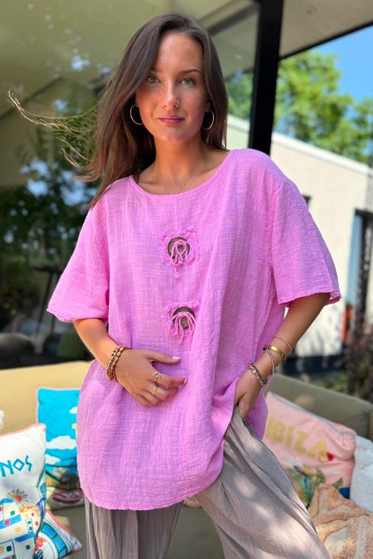 Izi Cheesecloth Button Tee Candy